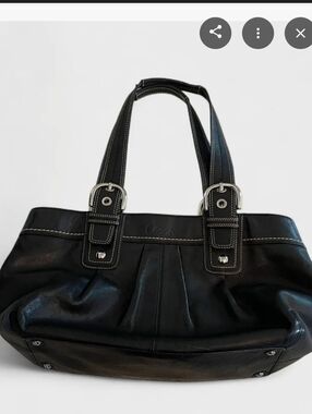 Coach Large  Black Leather Pleated Shoulder Bag with Silver Buckle Accents 15×11